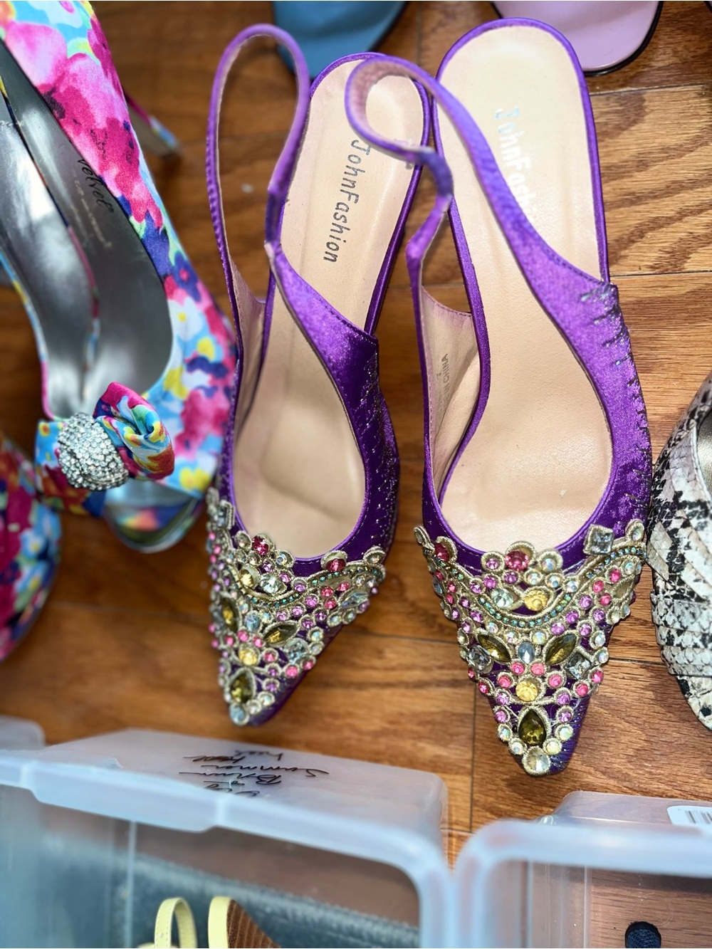 Embellished Purple Satin Slingback Heels